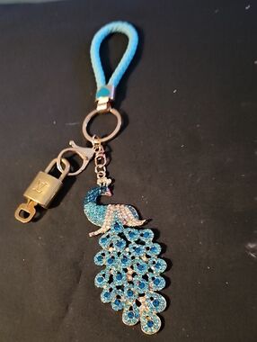 Rhinestone Peacock Keychain /Bag Charm Turquoise Loop